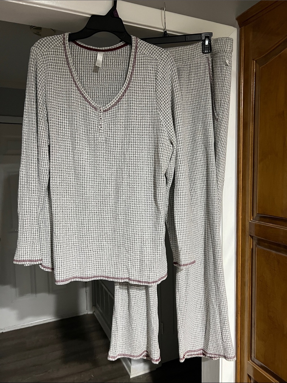 Cacique Gray Thermal Pajama Set with Maroon Trim